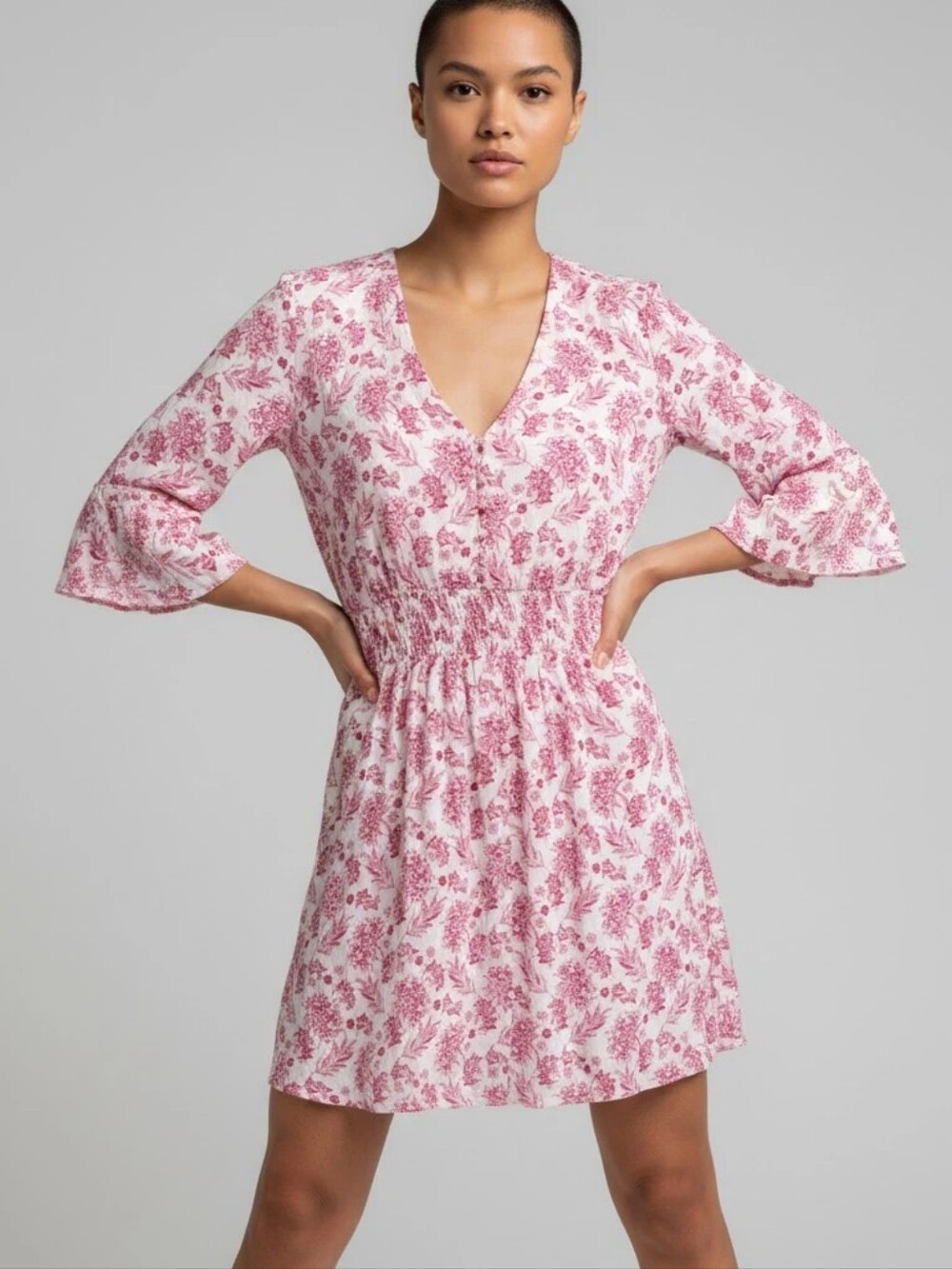 Floral Pink V-Neck Smocked Waist Boho Dress